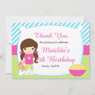 Brunette Haired Girl Sleepover Slumber Birthday Thank You Card