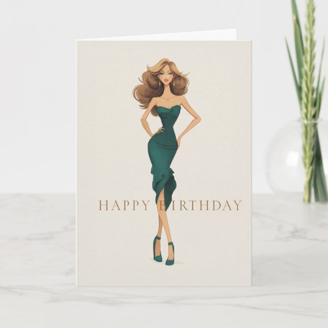Brunette in Elegant Dark Teal Dress Fashion BDay Card (Front)