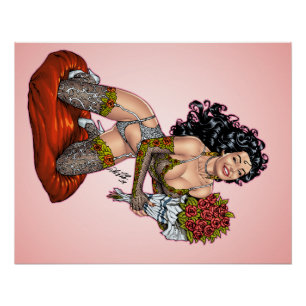 Brunette in Lingerie with Roses Illustration Poster