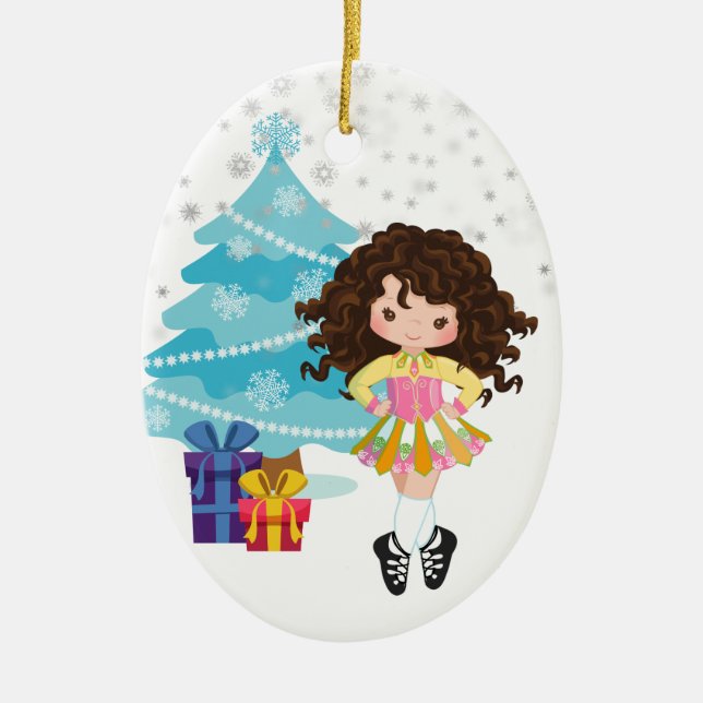Brunette Irish Dancer Winter Christmas Holiday Ceramic Tree Decoration (Front)