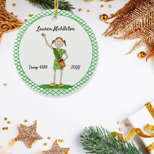 Brunette Junior Girl Scouting Green Crosshatch Ceramic Tree Decoration
