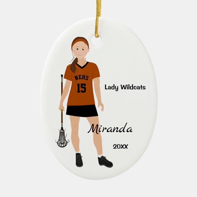 Brunette Lacrosse Player In Orange And Black Ceramic Tree Decoration (Front)