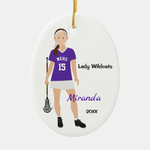 Brunette Lacrosse Player In Purple And White Ceramic Tree Decoration