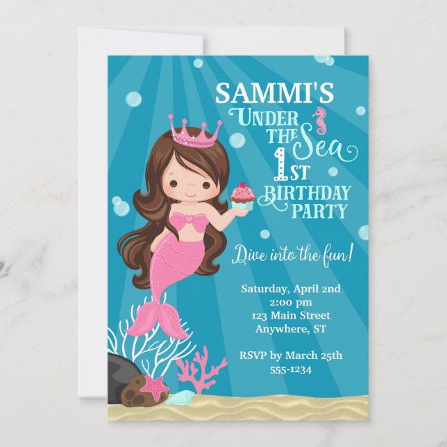 Brunette Mermaid 1ST Birthday Invitation (Front)