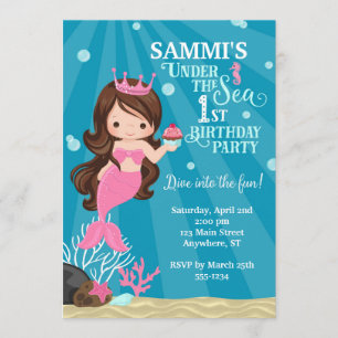 Brunette Mermaid 1ST Birthday Invitation