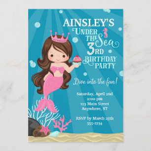 Brunette Mermaid 3RD Birthday Invitation