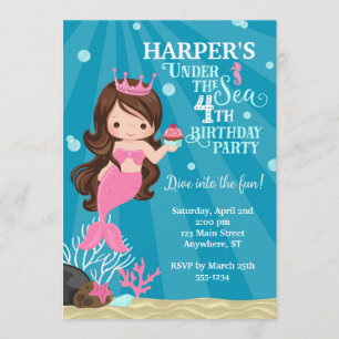 Brunette Mermaid 4TH Birthday Invitation