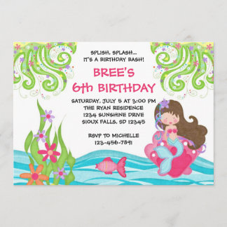 Brunette Mermaid Birthday Invitations
