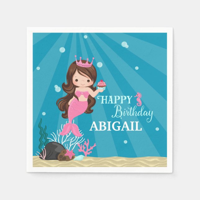 Brunette Mermaid Birthday Napkin (Front)
