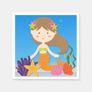 Brunette Mermaid Birthday Paper Napkins