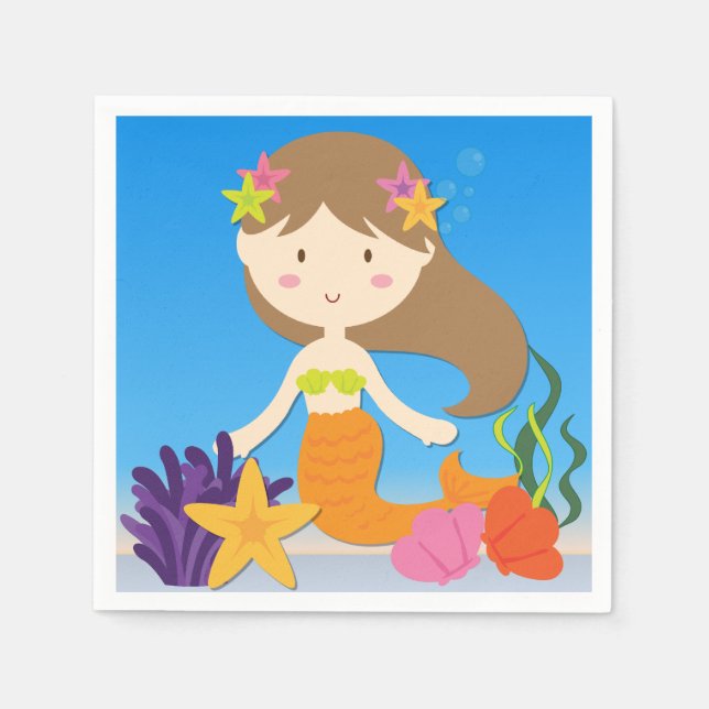 Brunette Mermaid Birthday Paper Napkins (Front)