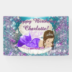 Brunette Mermaid Birthday Party Banner