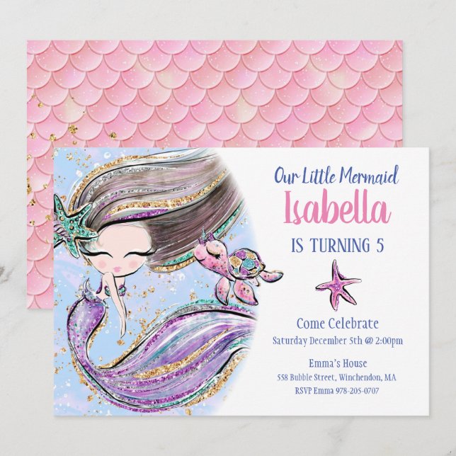 Brunette Mermaid Birthday Party Invitation (Front/Back)