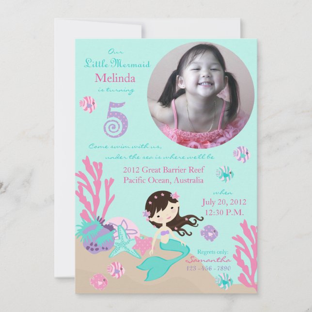 Brunette Mermaid Fifth Birthday Invitation (Front)