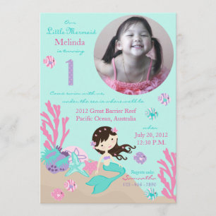 Brunette Mermaid First Birthday Invitation