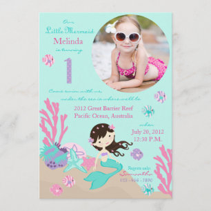 Brunette Mermaid First Birthday Invitation