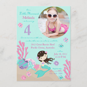 Brunette Mermaid Fourth Birthday Invitation
