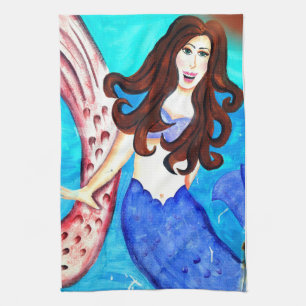brunette mermaid kitchen towel
