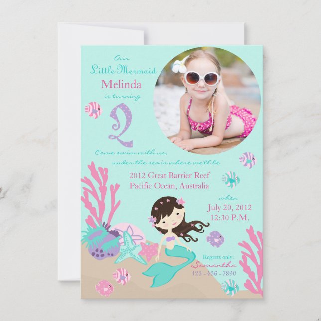Brunette Mermaid Second Birthday Invitation (Front)