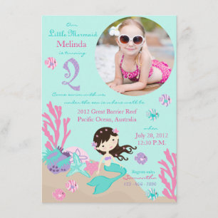 Brunette Mermaid Second Birthday Invitation