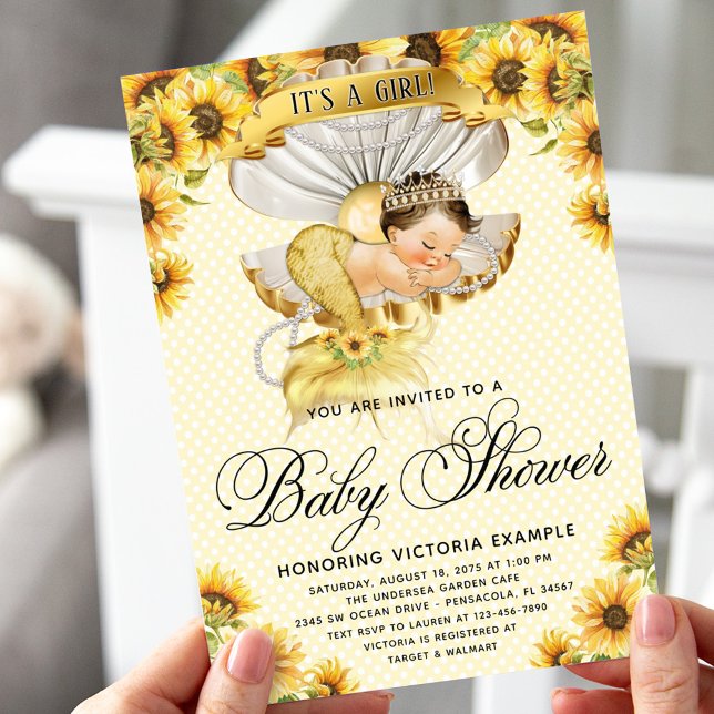 Brunette Mermaid Sunflower Baby Shower Invitation (Creator Uploaded)
