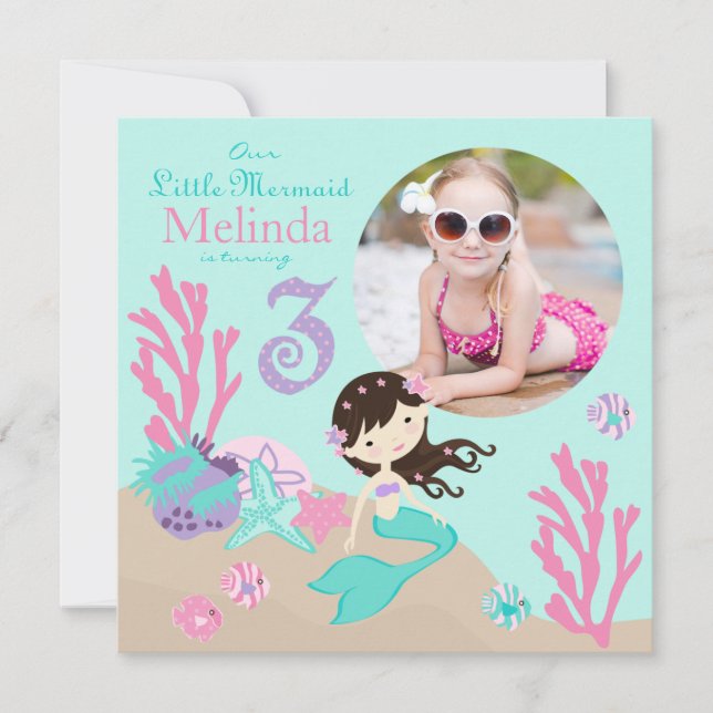 Brunette Mermaid Third Birthday Invitation (Front)