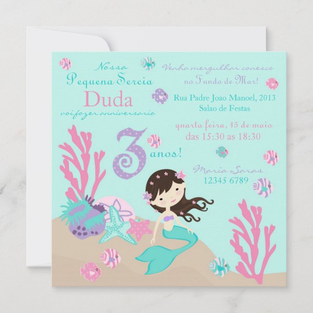 Brunette Mermaid Third Birthday Invitation (Front)