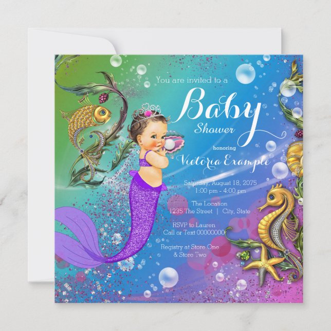 Brunette Mermaid Under the Sea Mermaid Baby Shower Invitation (Front)