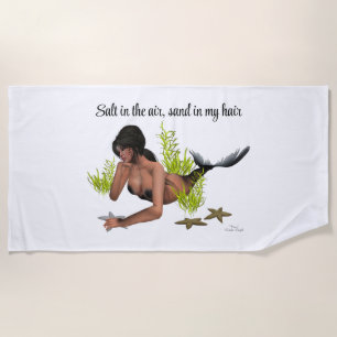 Brunette Mermaid With Starfish Beach Towel