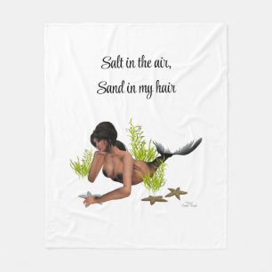 Brunette Mermaid With Starfish Fleece Blanket