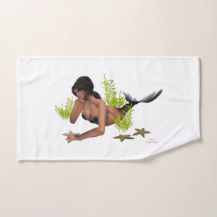 Brunette Mermaid With Starfish Hand Towel