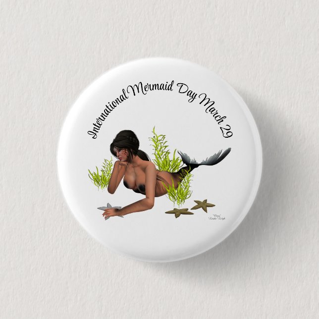 Brunette Mermaid With Starfish Pin Button (Front)