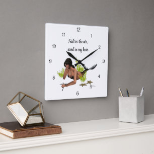 Brunette Mermaid With Starfish Wall Clock