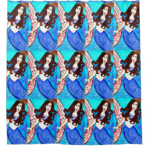 brunette mermaids with blue tails shower curtain