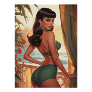 Brunette Pin-Up Green Bikini Seaview Balcony Poster