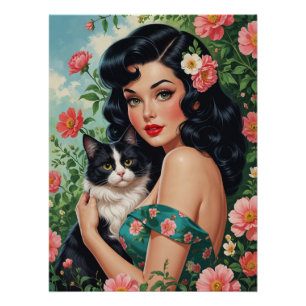 Brunette Pin-Up holding Cute Cat Poster