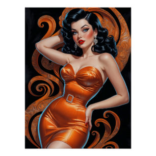 Brunette Pin-Up Orange Dress Poster