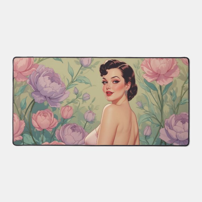 Brunette Pin-Up Pastel Flowers Desk Mat (Front)