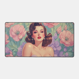 Brunette Pin-Up Pastel Flowers Desk Mat