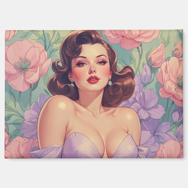 Brunette Pin-Up Pastel Flowers Magnet (Front)