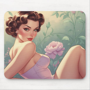 Brunette Pin-Up Pastel Flowers  Mouse Mat