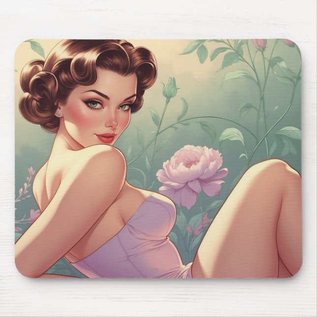 Brunette Pin-Up Pastel Flowers  Mouse Mat (Front)