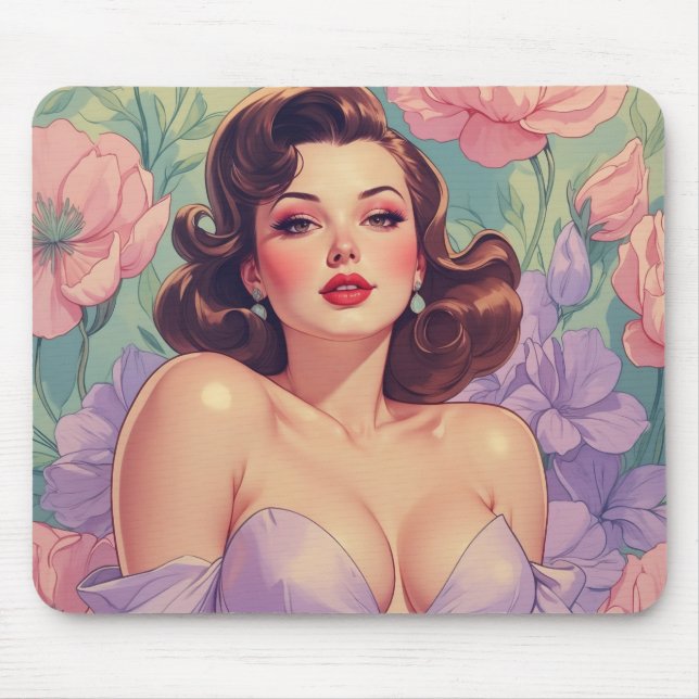 Brunette Pin-Up Pastel Flowers Mouse Mat (Front)