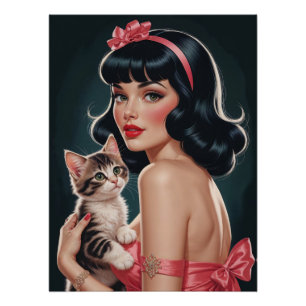 Brunette Pin-Up with Cute Kitten Portrait Poster