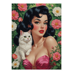 Brunette Pin-Up with Cute White Cat Poster