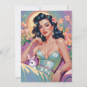 Brunette Pin-Up with Easter Bunny Holiday Card