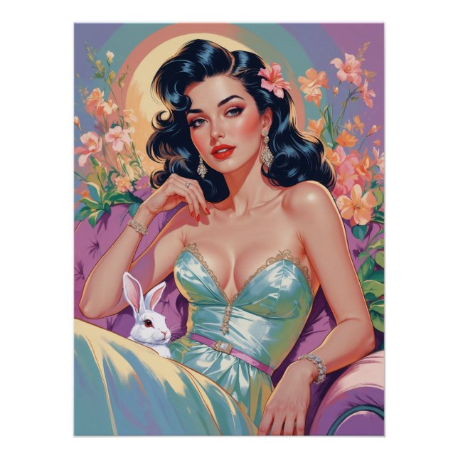 Brunette Pin-Up with Easter Bunny Poster (Front)