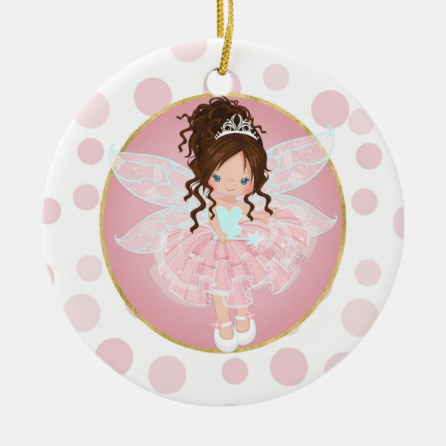 Brunette Pink Fairy Ceramic Tree Decoration (Front)