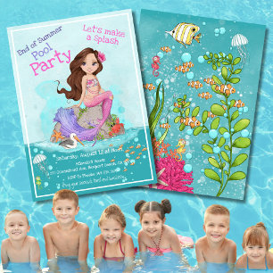 Brunette Pink Purple Mermaid Summer Pool Party  Invitation