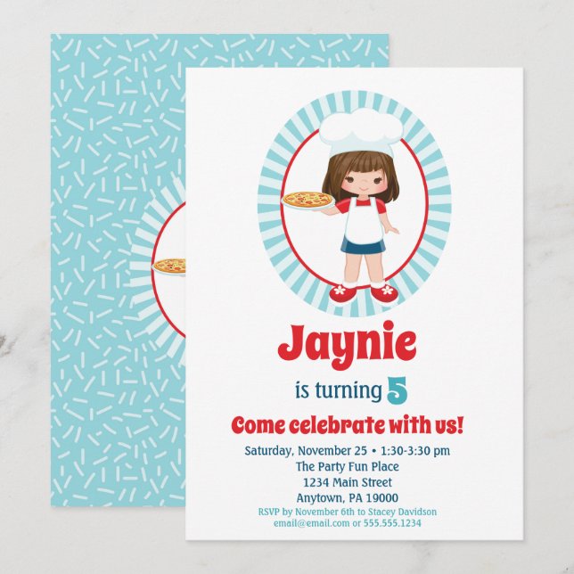 Brunette Pizza Party Girls Birthday Invitation (Front/Back)